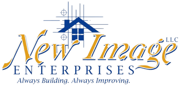 Logo of New Image Enterprises, LLC with the tagline "Always Building, Always Improving." The design includes a blue house with construction elements in the background.